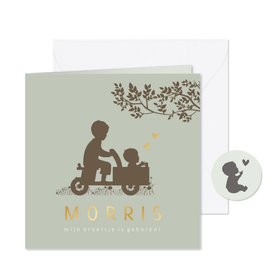 Geboortekaartje houten bakfiets met broertjes - Kaartimpressie