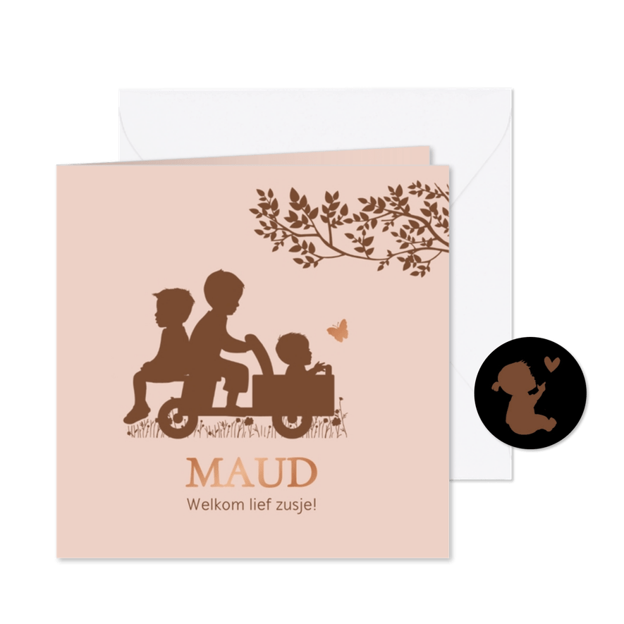 Geboortekaartje houten bakfiets zusje - Kaartimpressie