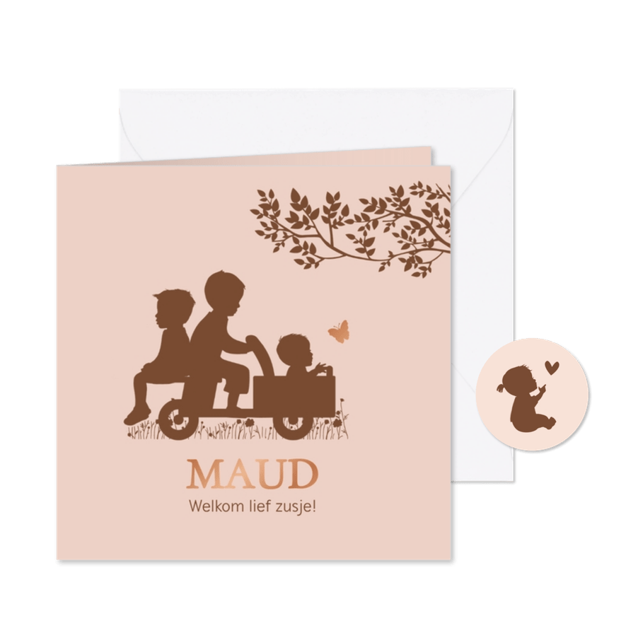 Geboortekaartje houten bakfiets zusje - Kaartimpressie
