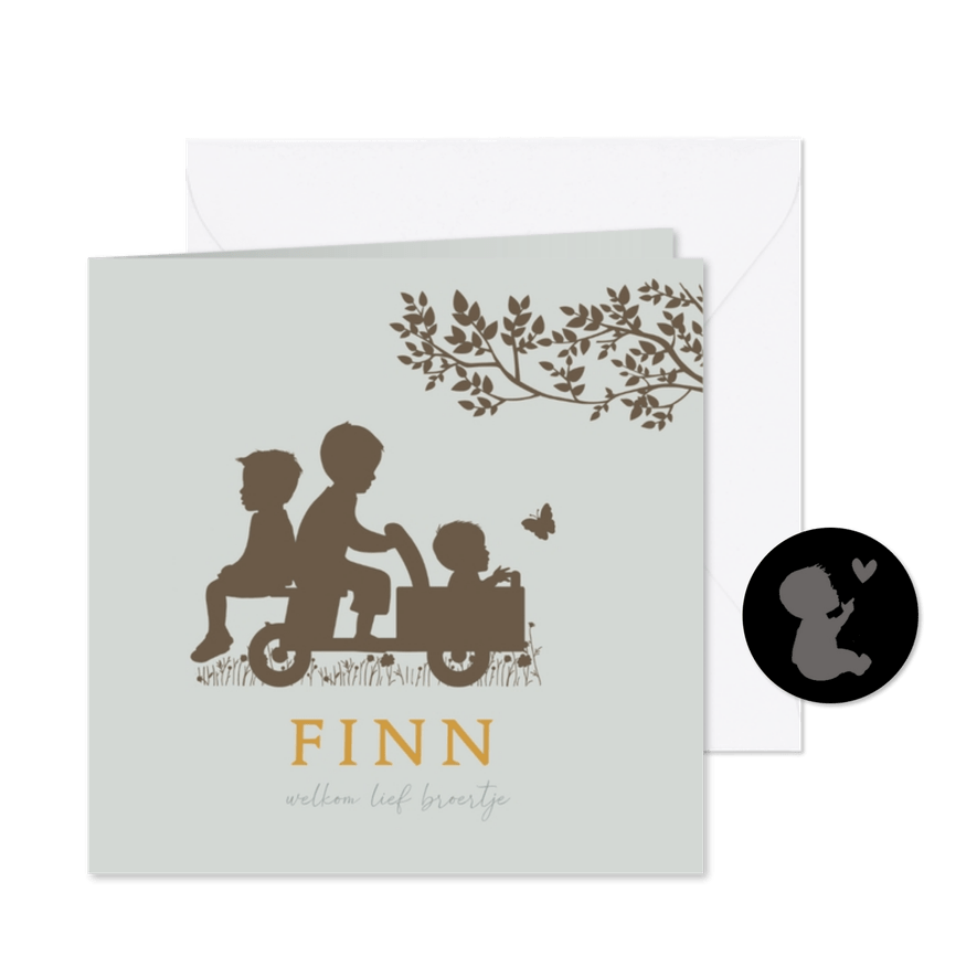 Geboortekaartje houten bakfietsje met broertjes - Kaartimpressie