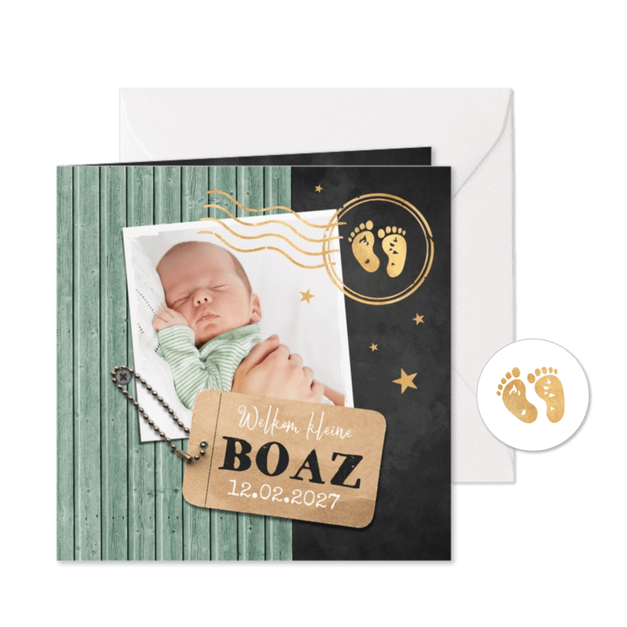 Geboortekaartje houtlook foto label stempel goud groen - Kaartimpressie