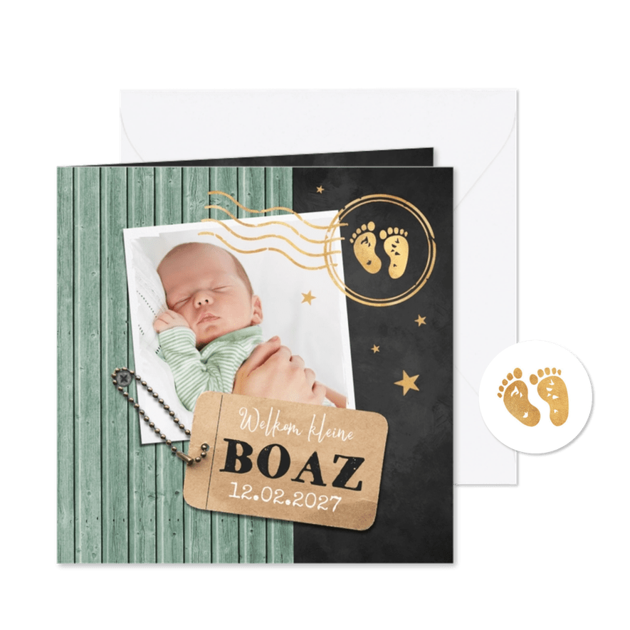 Geboortekaartje houtlook foto label stempel goud groen - Kaartimpressie