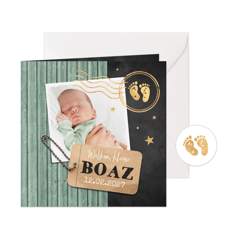 Geboortekaartje houtlook foto label stempel goud groen - Kaartimpressie