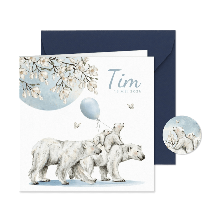 Geboortekaartje ijsbeer familie onder de maan en bloemen - Kaartimpressie