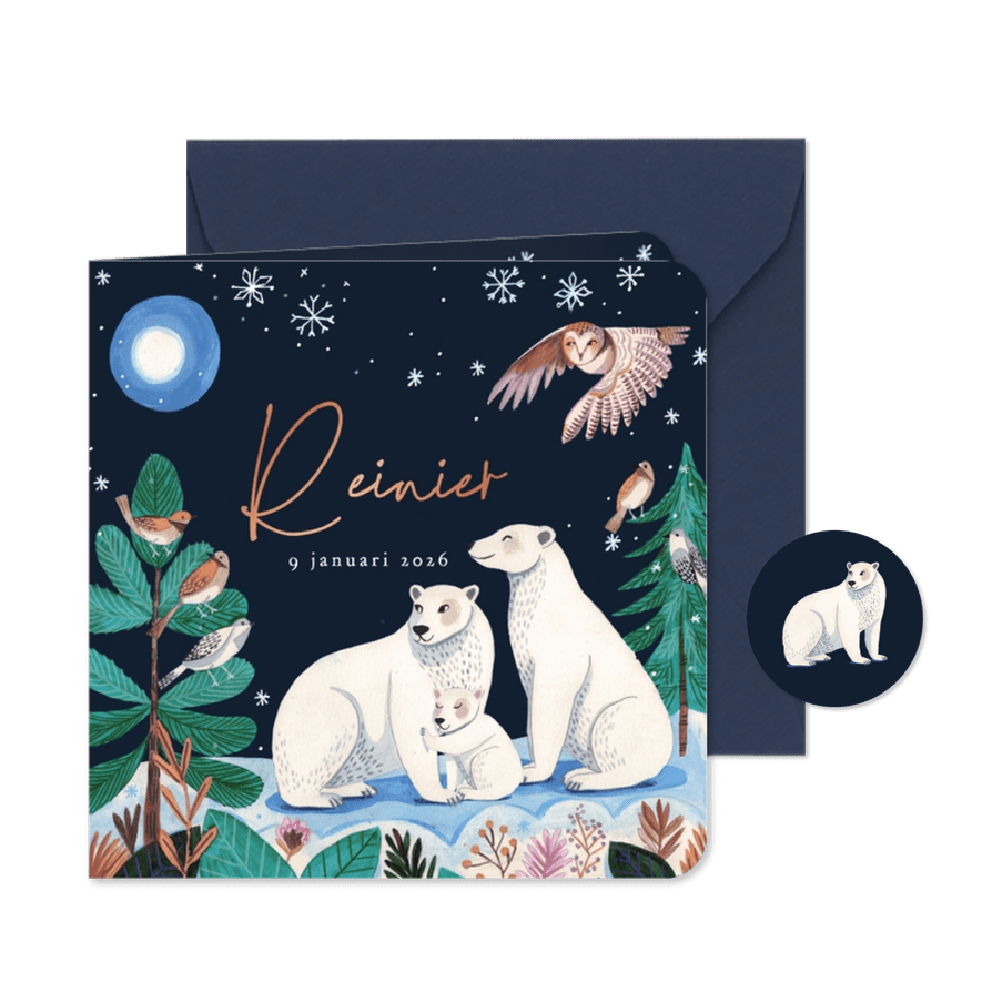 Geboortekaartje ijsbeer familie onder de maan en sneeuw - Kaartimpressie