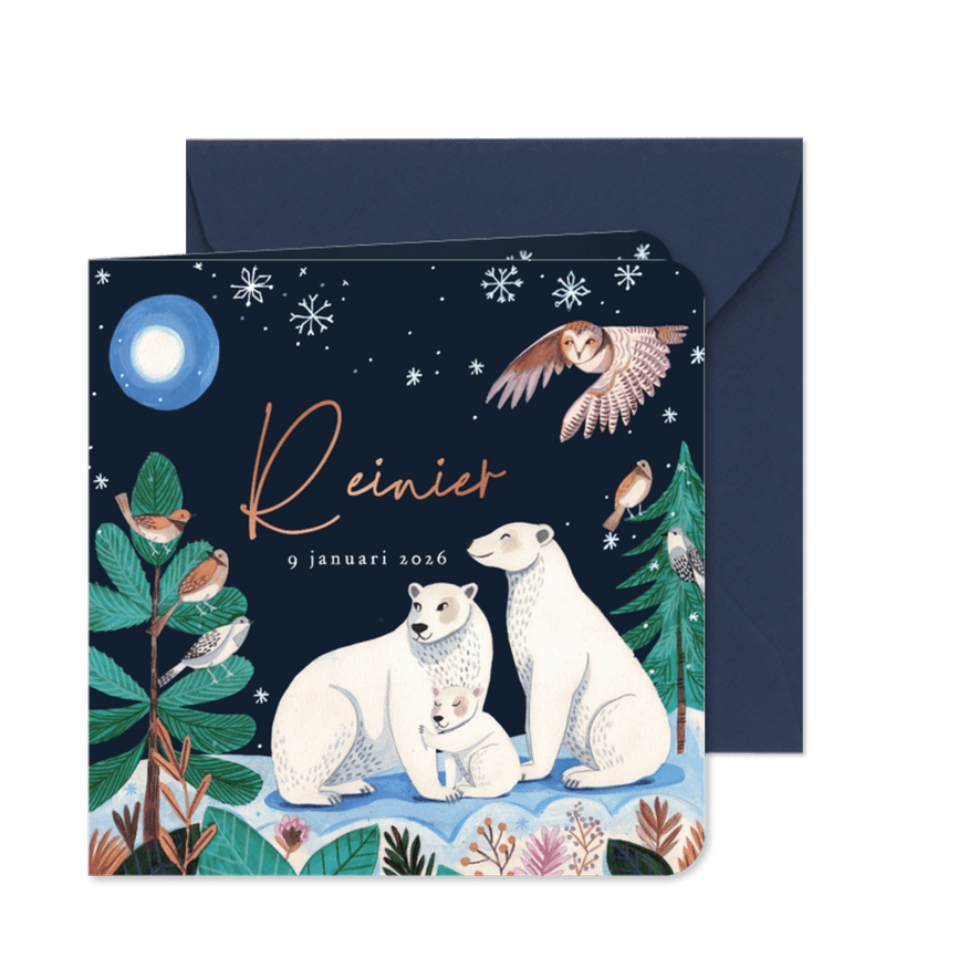 Geboortekaartje ijsbeer familie onder de maan en sneeuw - Kaartimpressie