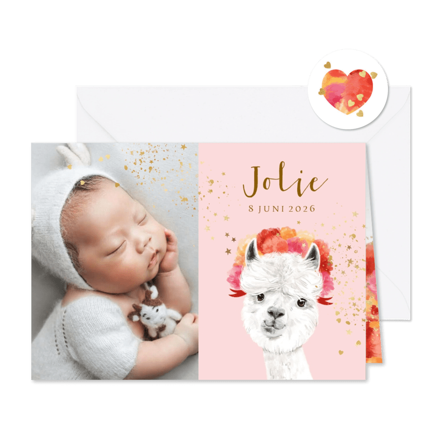 Geboortekaartje illustratie alpaca sterretjes goudfolie - Kaartimpressie