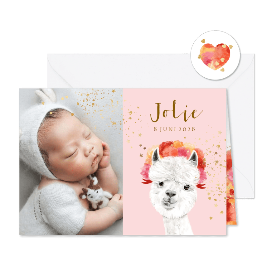 Geboortekaartje illustratie alpaca sterretjes goudfolie - Kaartimpressie