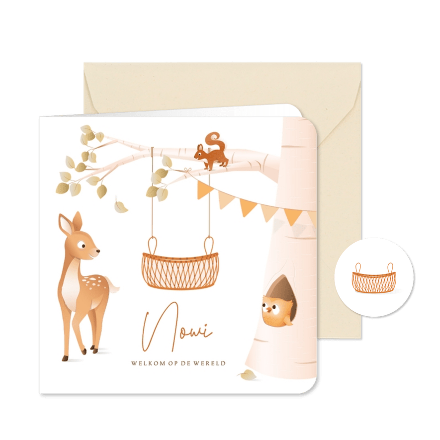 Geboortekaartje illustratie bosdieren rotan baby mandje - Kaartimpressie