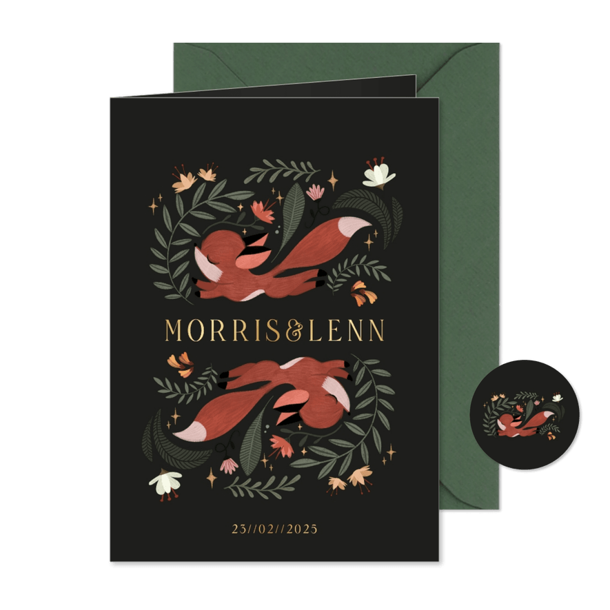 Geboortekaartje illustratie rennend vosjes bloemen takjes - Kaartimpressie