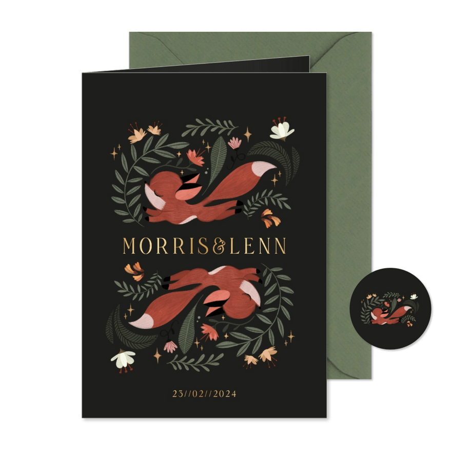 Geboortekaartje illustratie rennend vosjes bloemen takjes - Kaartimpressie