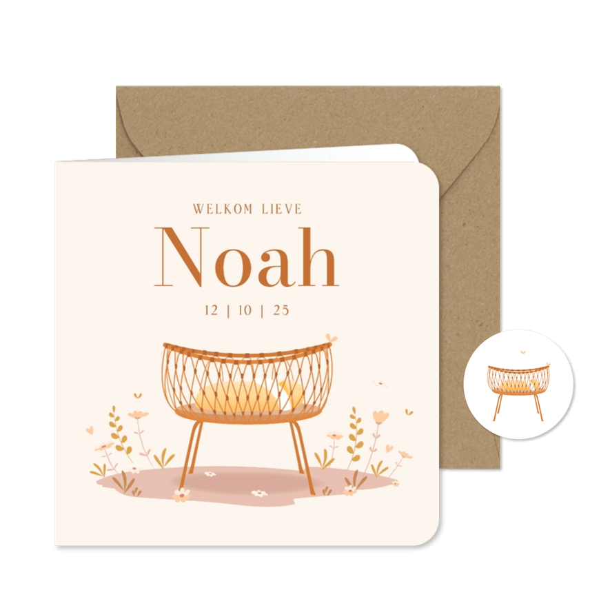 Geboortekaartje illustratie rotan wiegje pas geboren kindje - Kaartimpressie