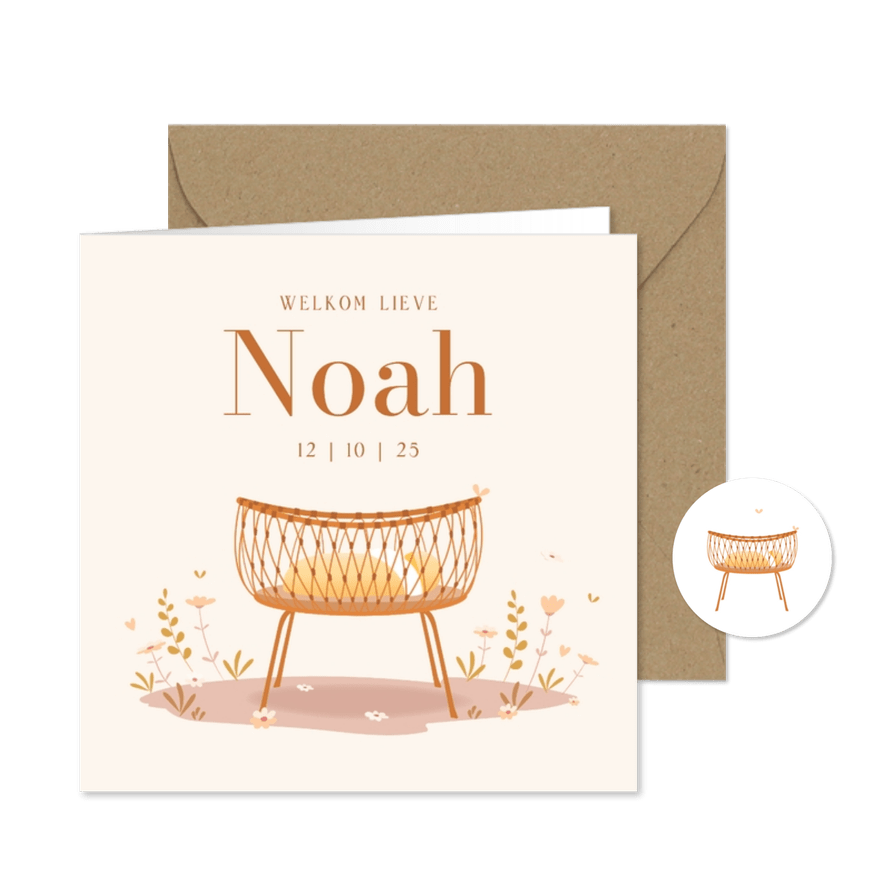 Geboortekaartje illustratie rotan wiegje pas geboren kindje - Kaartimpressie