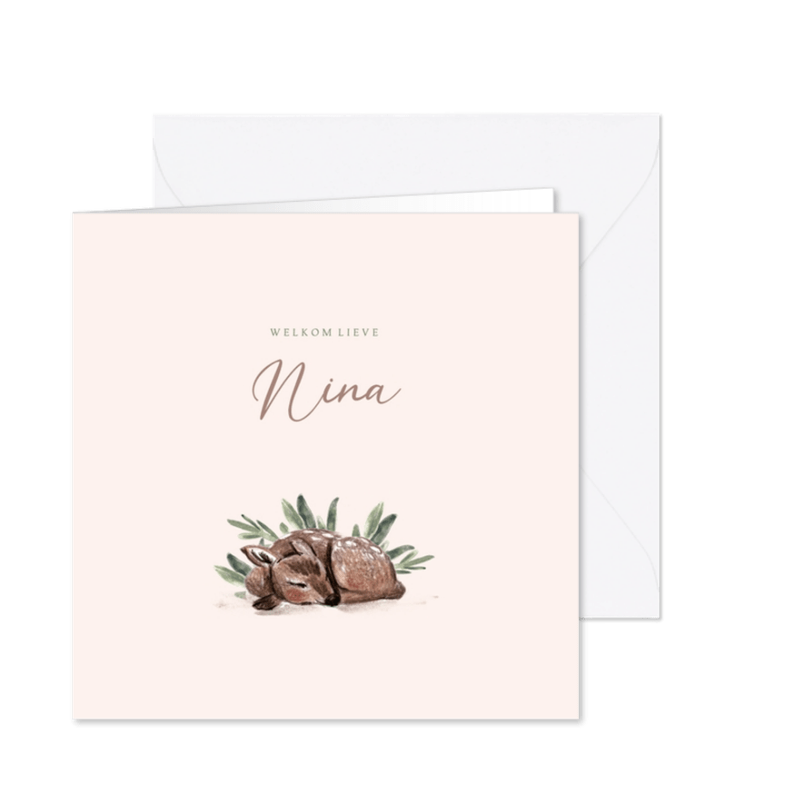 Geboortekaartje illustratie van hertje met roze achtergrond - Kaartimpressie