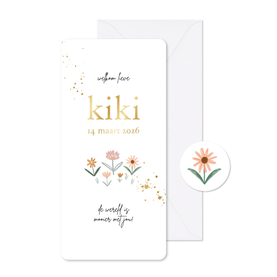 Geboortekaartje illustratie veldbloemen goudfolie spetters - Kaartimpressie
