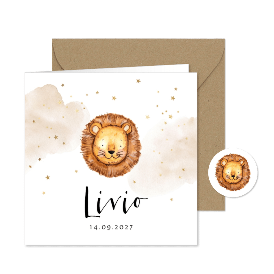Geboortekaartje illustratie watercolor leeuw sterren goud - Kaartimpressie