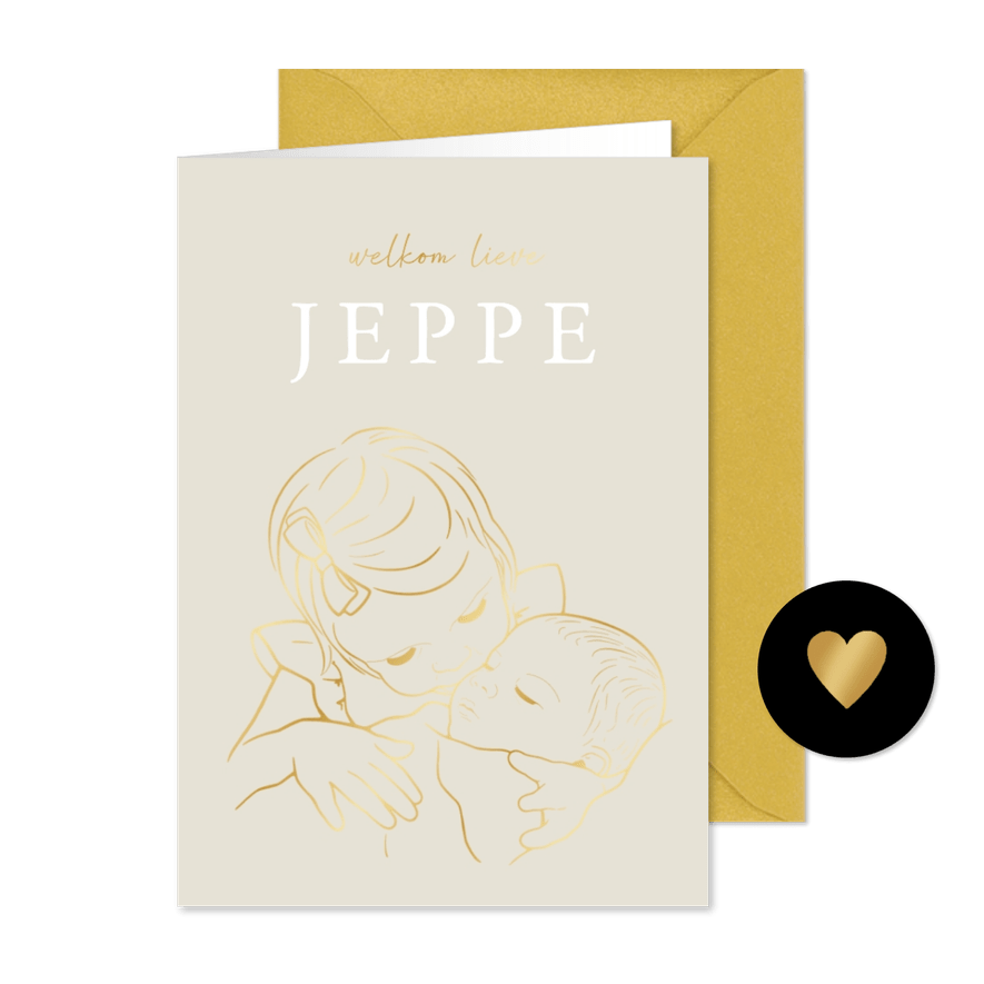 Geboortekaartje illustratie zus met baby op schoot goud - Kaartimpressie
