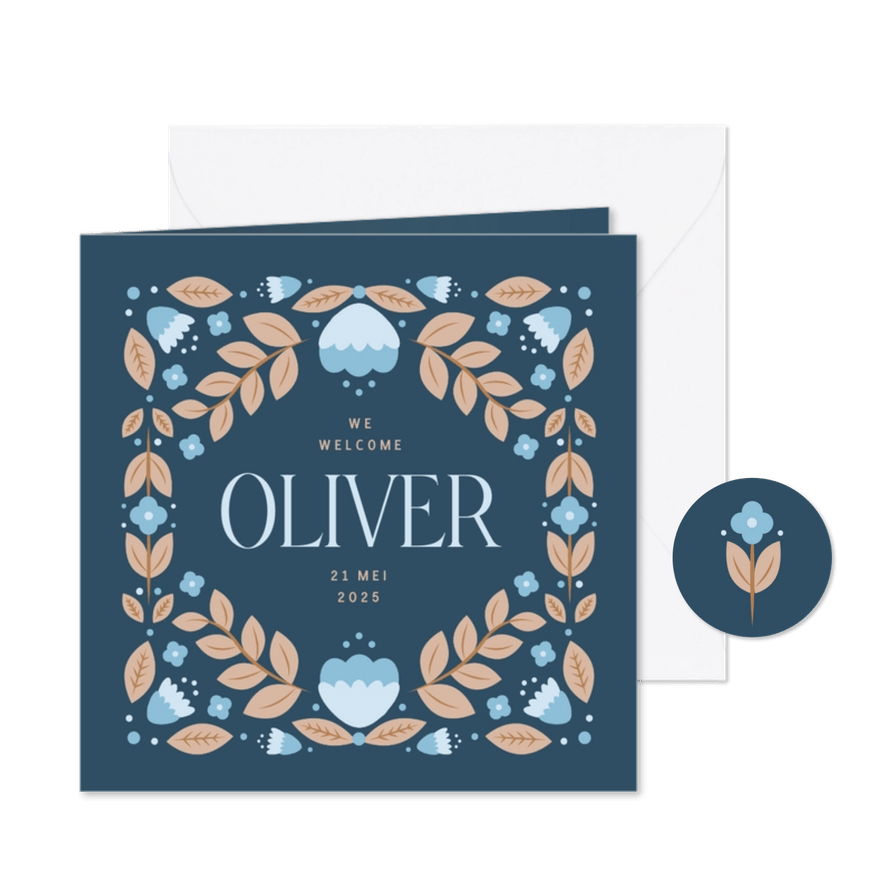 Geboortekaartje in blauw met illustratief bloemenkader - Kaartimpressie