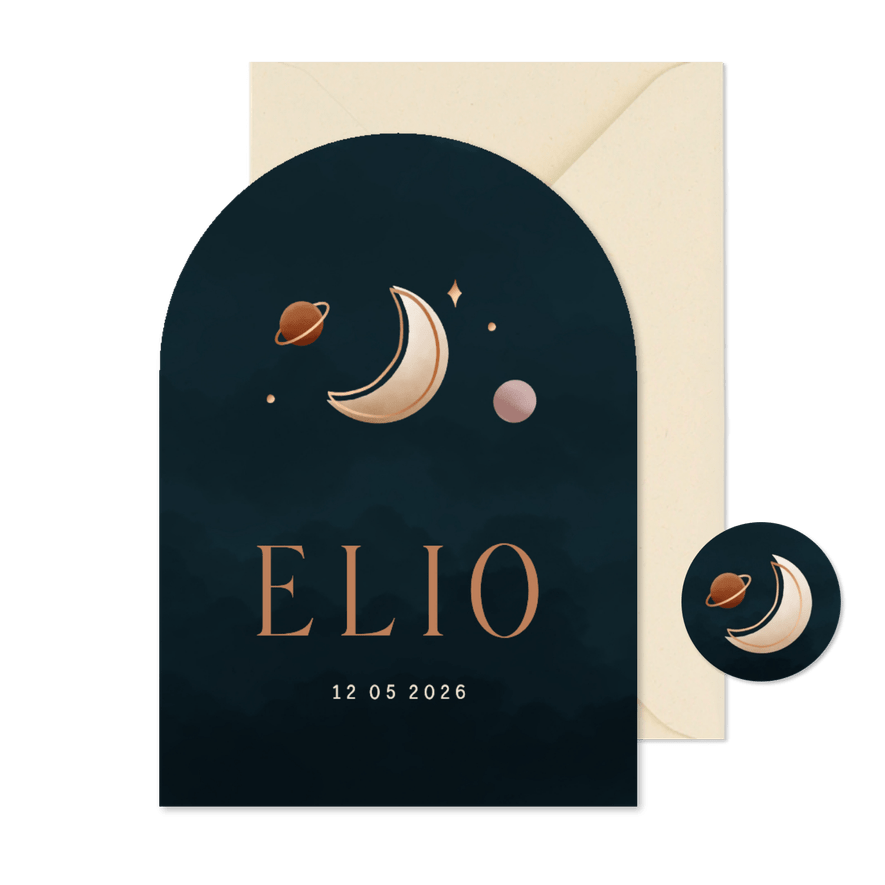 Geboortekaartje in boogvorm minimalistisch maan en planeten - Kaartimpressie