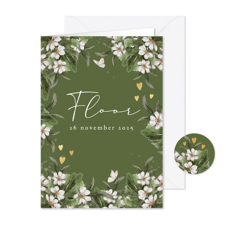 Geboortekaartje in groen met bloemen en hartjes van goud - Kaartimpressie