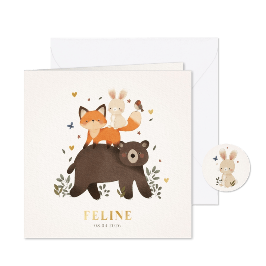 Geboortekaartje in het bos beer vos konijn vogel & hartjes - Kaartimpressie