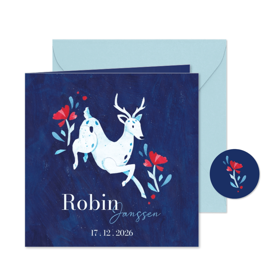 Geboortekaartje in winters thema met hert en bloemen - Kaartimpressie