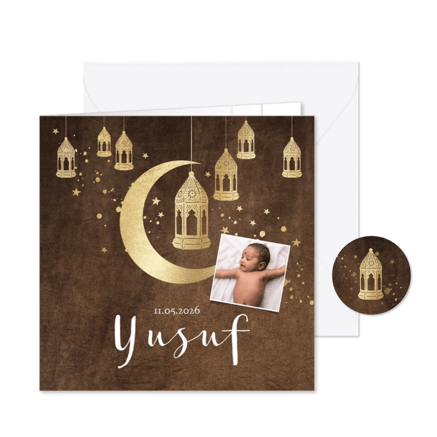 Geboortekaartje islamitisch goudlook lantaarns, maan velvet - Kaartimpressie