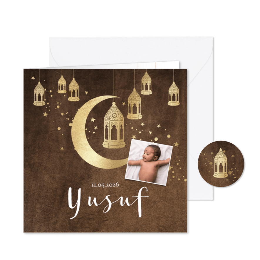 Geboortekaartje islamitisch goudlook lantaarns, maan velvet - Kaartimpressie