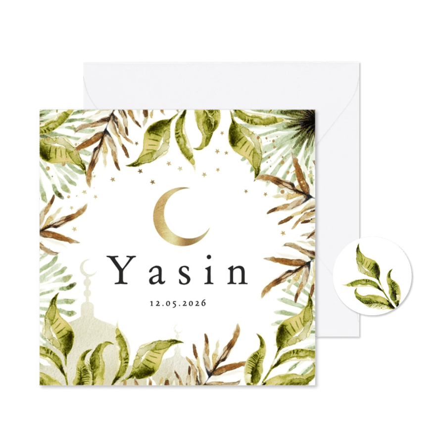 Geboortekaartje islamitisch jungle bladeren, maan, moskee - Kaartimpressie