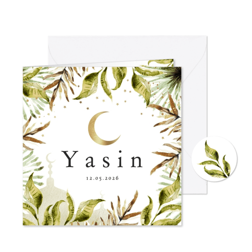 Geboortekaartje islamitisch jungle bladeren, maan, moskee - Kaartimpressie