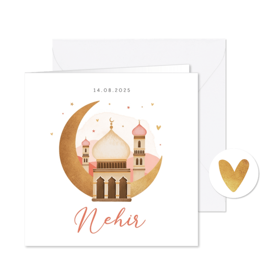 Geboortekaartje islamitisch maan moskee sterren hartjes - Kaartimpressie