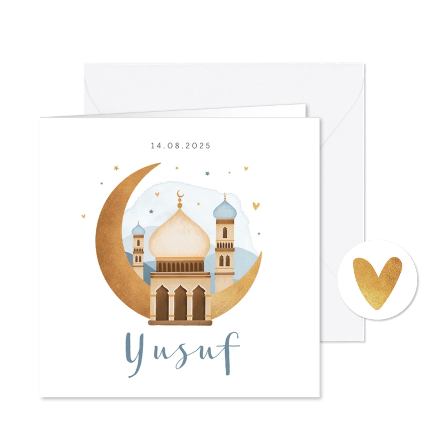 Geboortekaartje islamitisch moskee maan sterren hartjes  - Kaartimpressie