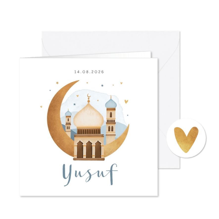 Geboortekaartje islamitisch moskee maan sterren hartjes - Kaartimpressie