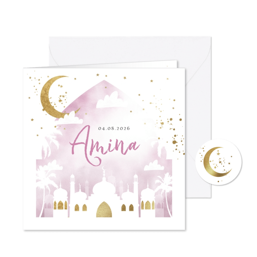 Geboortekaartje Islamitisch waterverf lila goudlook moskee - Kaartimpressie