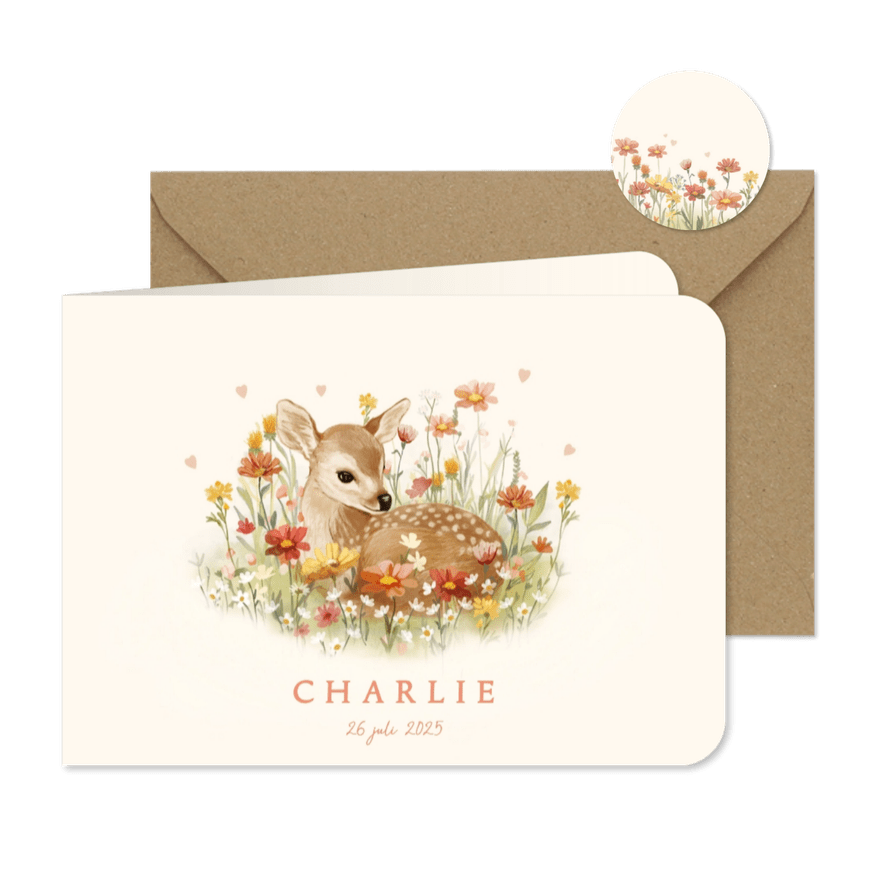 Geboortekaartje jong hertje tussen de bloemen - Kaartimpressie