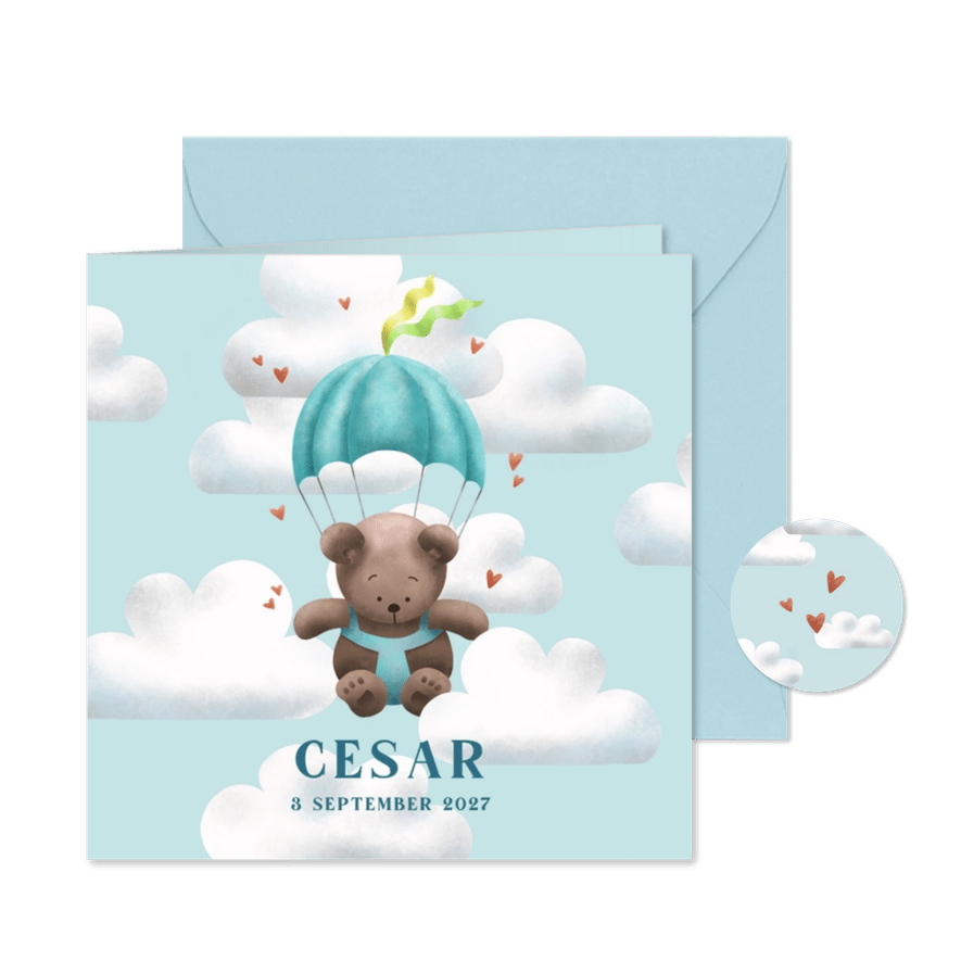 Geboortekaartje jongen beer met parachute - Kaartimpressie