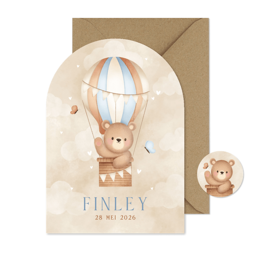 Geboortekaartje jongen beertje luchtballon vlinders & wolken - Kaartimpressie