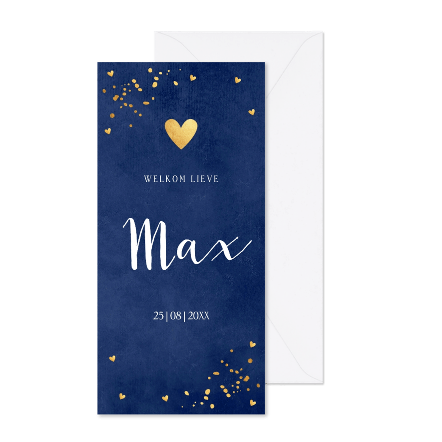 Geboortekaartje jongen blauw langwerpig goud hartje - Kaartimpressie