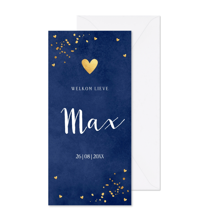 Geboortekaartje jongen blauw langwerpig goud hartje - Kaartimpressie