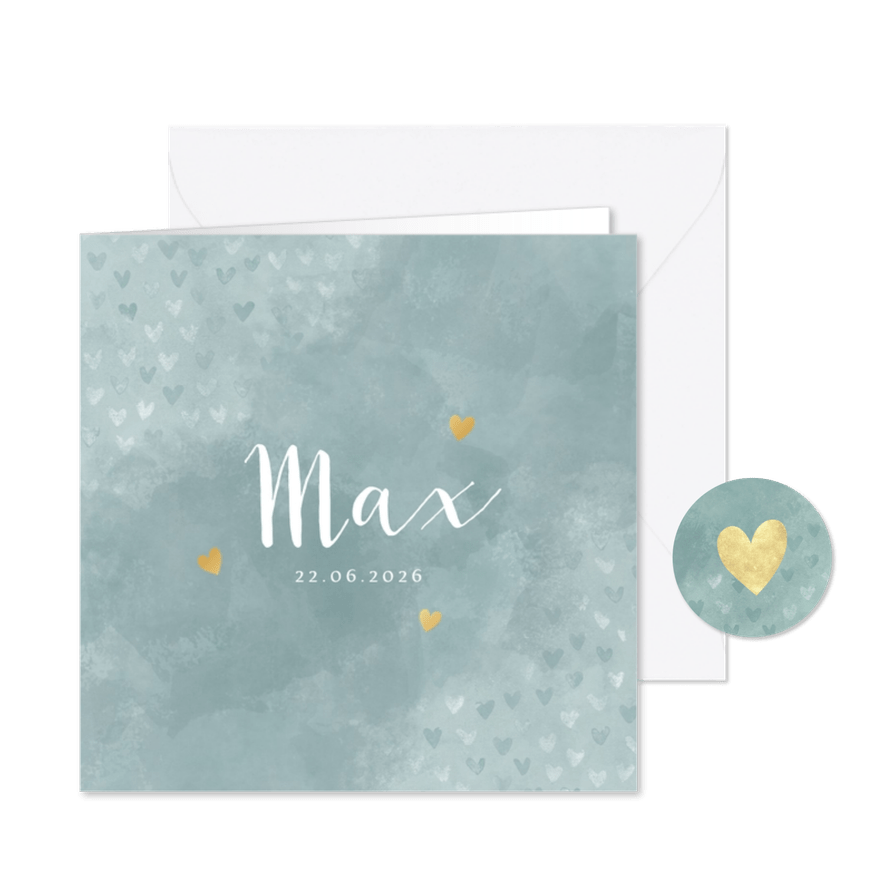 Geboortekaartje jongen blauwe waterverf en foliedruk hartjes - Kaartimpressie