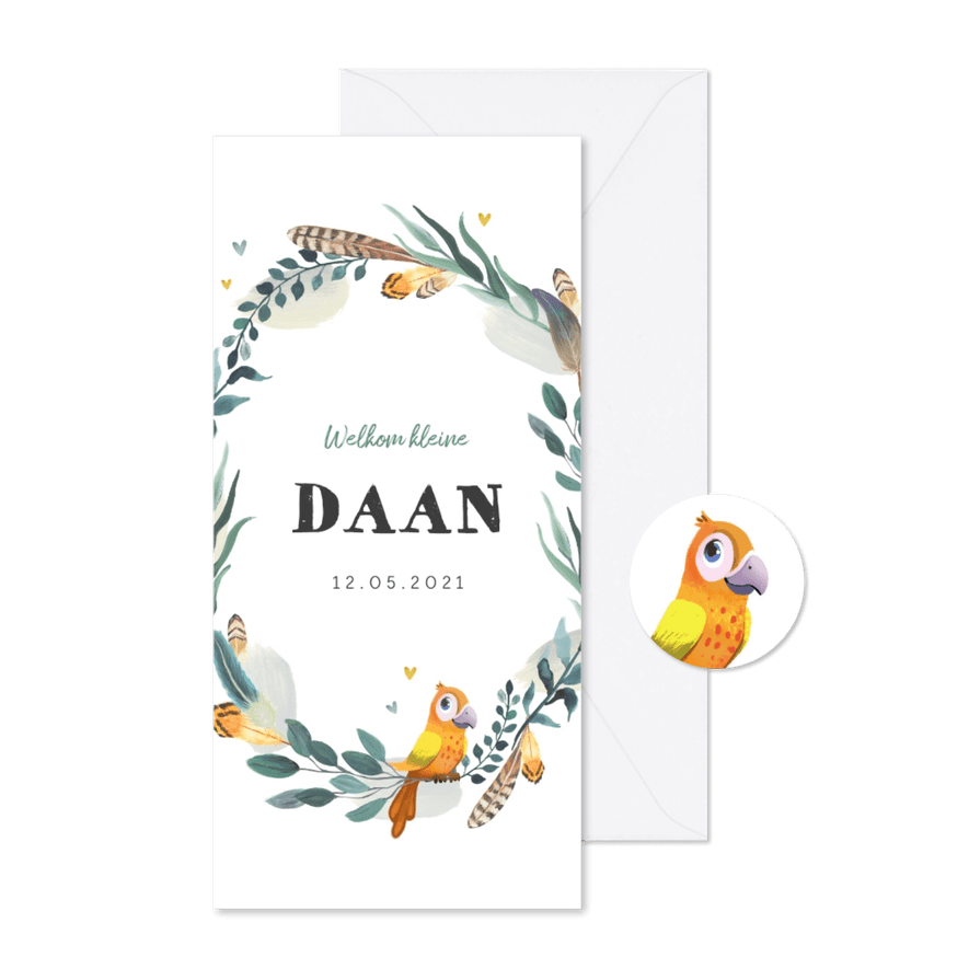 Geboortekaartje jongen bohemian met geïllustreerd vogeltje - Kaartimpressie