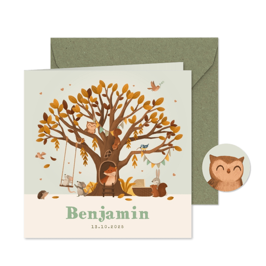 Geboortekaartje jongen boom bosdieren wiegje hartjes herfst - Kaartimpressie