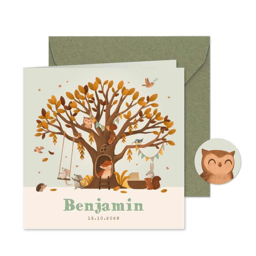 Geboortekaartje jongen boom bosdieren wiegje hartjes herfst - Kaartimpressie