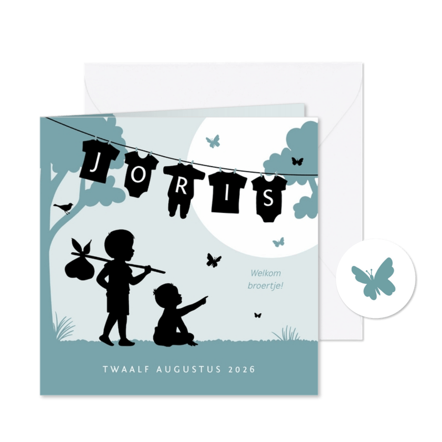 Geboortekaartje jongen broertje silhouet waslijn vlinders - Kaartimpressie