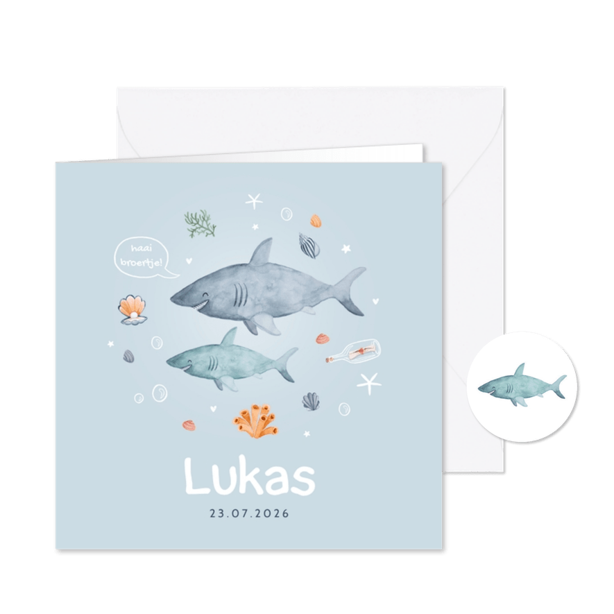 Geboortekaartje jongen broertje zee onderwater haai - Kaartimpressie