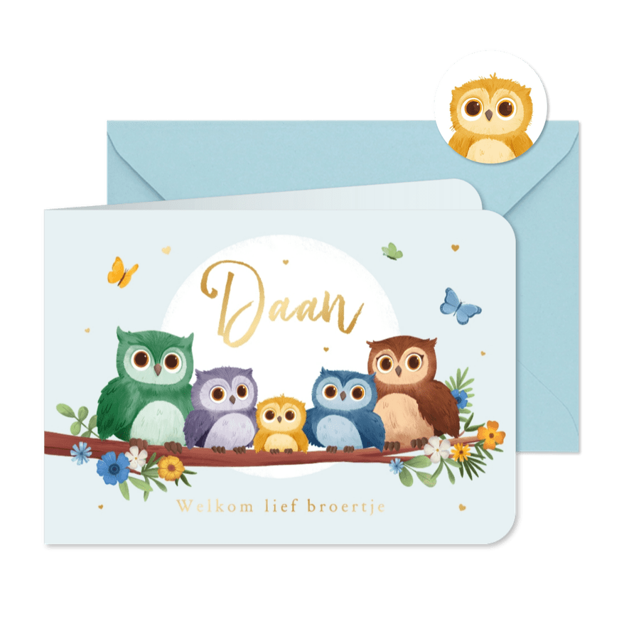 Geboortekaartje jongen derde kindje lente uiltjes vlinders - Kaartimpressie