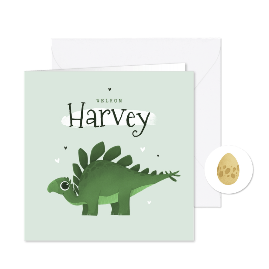 Geboortekaartje jongen dino stegosaurus jungle hartjes - Kaartimpressie