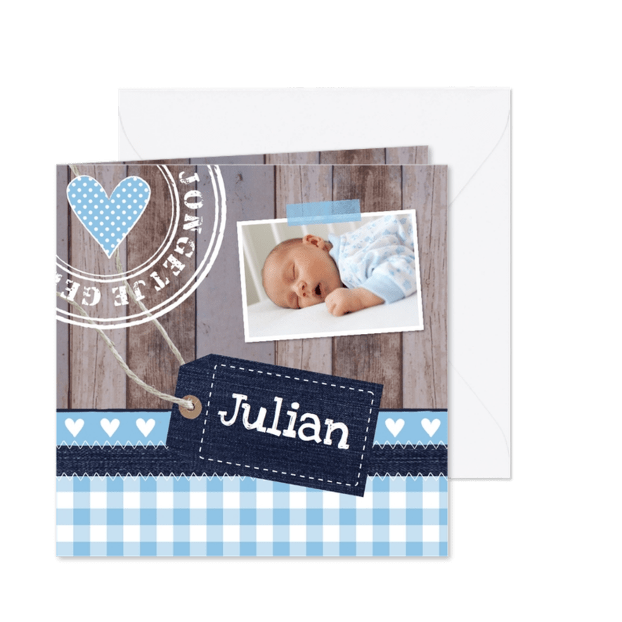 Geboortekaartje jongen foto label hout - Kaartimpressie