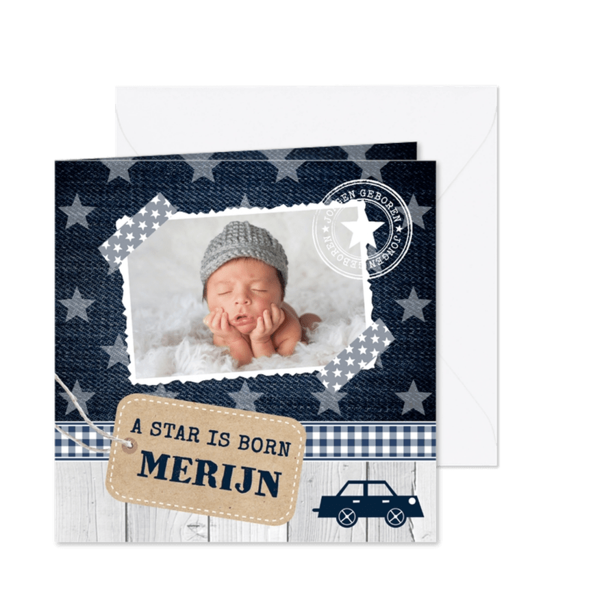 Geboortekaartje jongen foto sterren label - Kaartimpressie