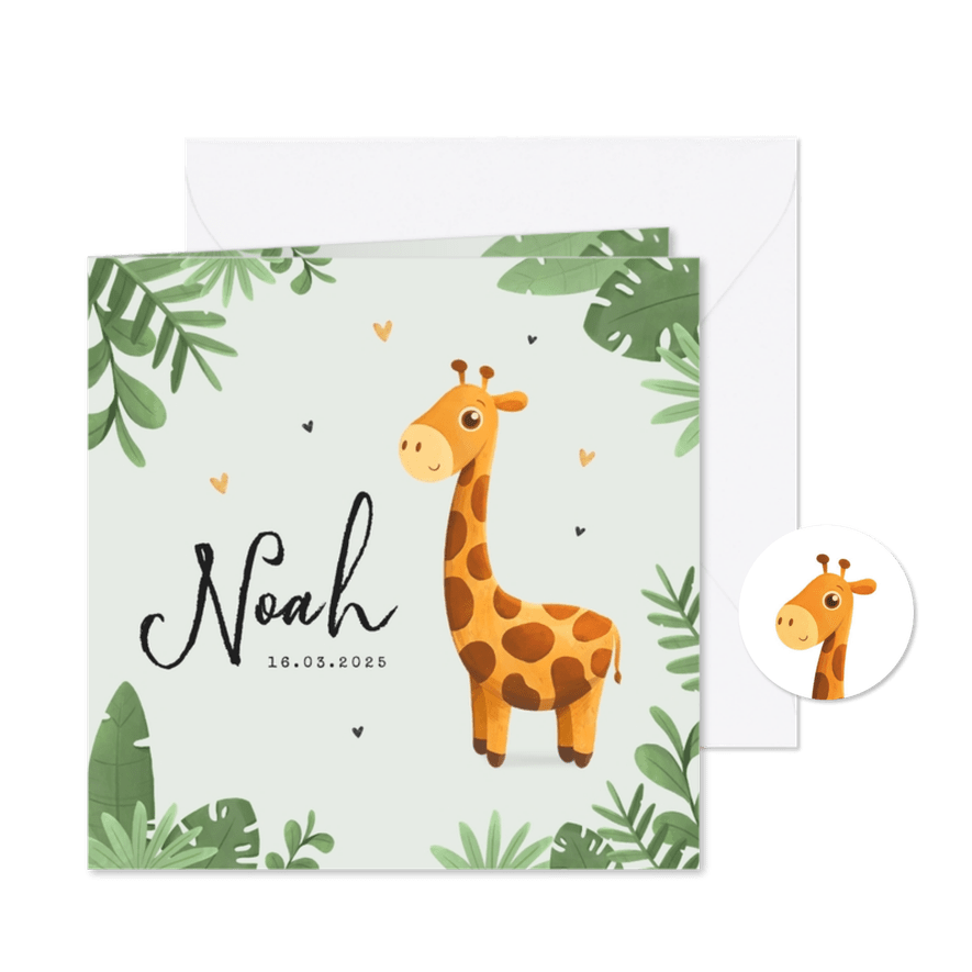 Geboortekaartje jongen giraf illustratie jungle hartjes - Kaartimpressie